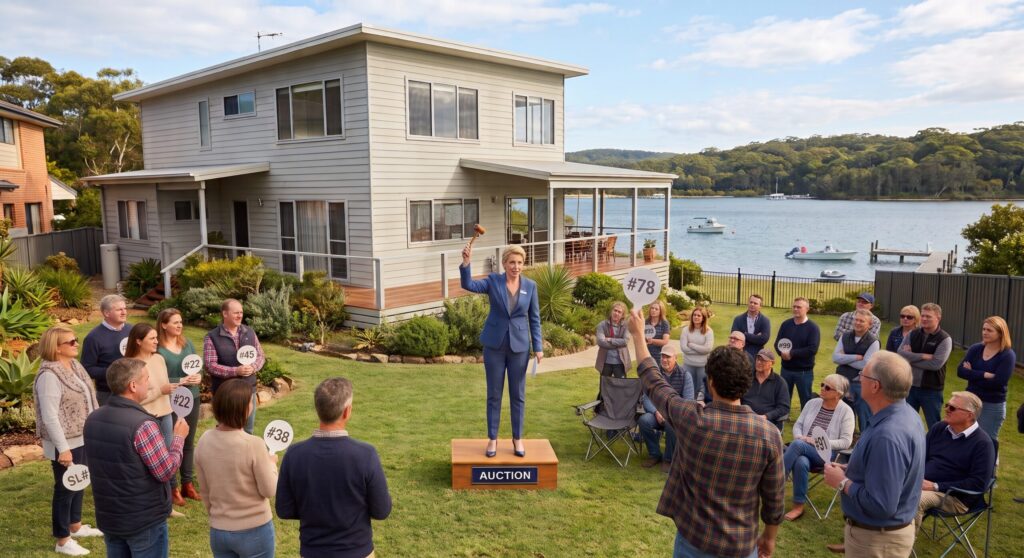 An on-site property auction on the lawn of a waterfront home, with registered bidders holding numbered paddles