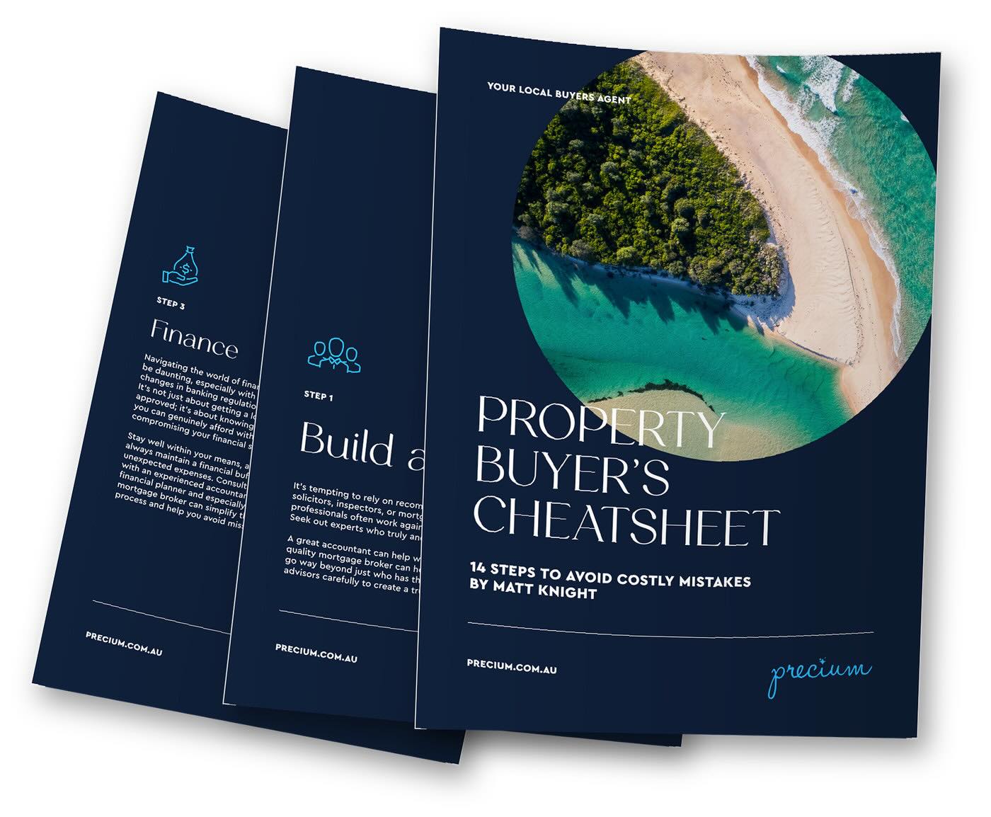 The Precium 14-Step Property Buyer's Cheatsheet, showing the cover and two inside pages