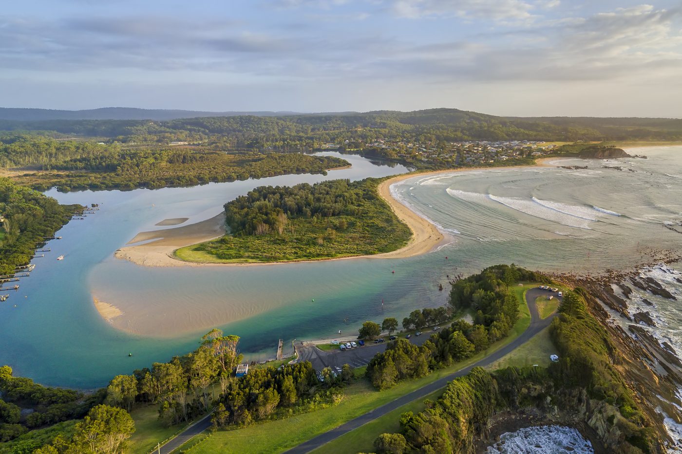 Aerial view over the inlet and sandbar at Mossy Point and Tomakin